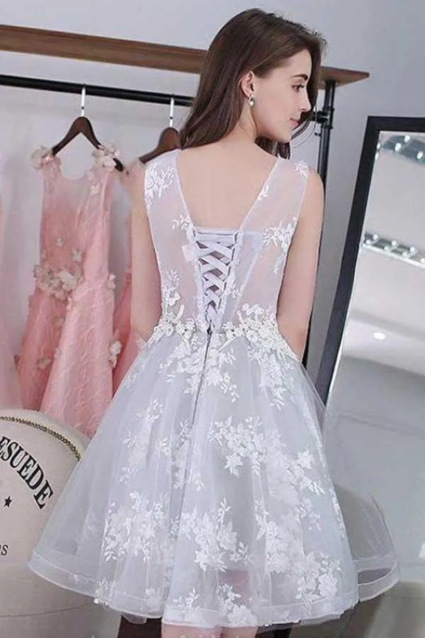 Mini Silver  Lace Up Homecoming Dresses Short Prom Dress With Appliques, MH341