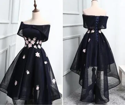 Morden Black Tulle Off Shoulder Homecoming Dress With Lace Up Applique, MH256