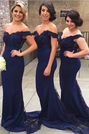 Navy Blue Mermaid Off Shoulder Lace Satin Long Bridesmaid Dresses, MB176