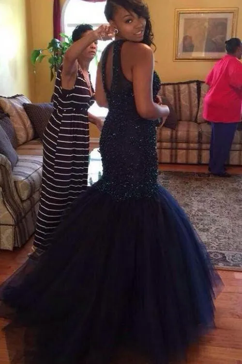 Navy Long Party Prom Dress, Beaded Halter Mermaid Long Prom Dresses, MP110