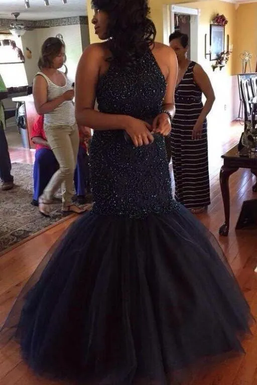 Navy Long Party Prom Dress, Beaded Halter Mermaid Long Prom Dresses, MP110