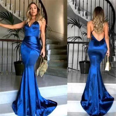 New Arrival Royal Blue Simple V neck Mermaid Spaghetti Straps Prom Dresses, MP373