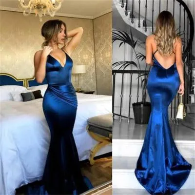 New Arrival Royal Blue Simple V neck Mermaid Spaghetti Straps Prom Dresses, MP373