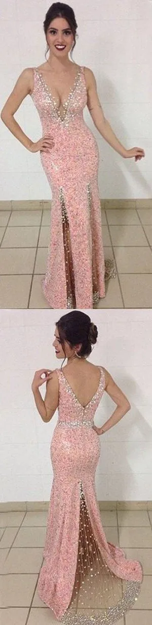 Newest Pink V-neck Mermaid Beaded Split Prom Dress, Evening Dress, MP341