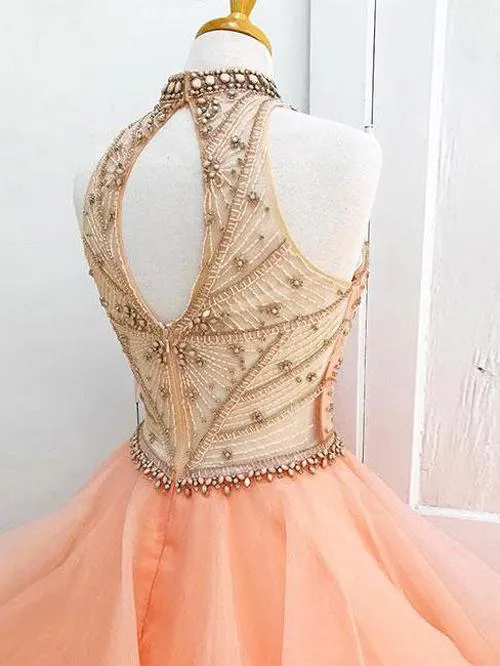 Organza High Neck Ball Gown Halter Beaded Prom Dresses Quinceanera Dress, MP315