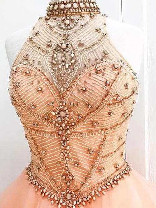 Organza High Neck Ball Gown Halter Beaded Prom Dresses Quinceanera Dress, MP315
