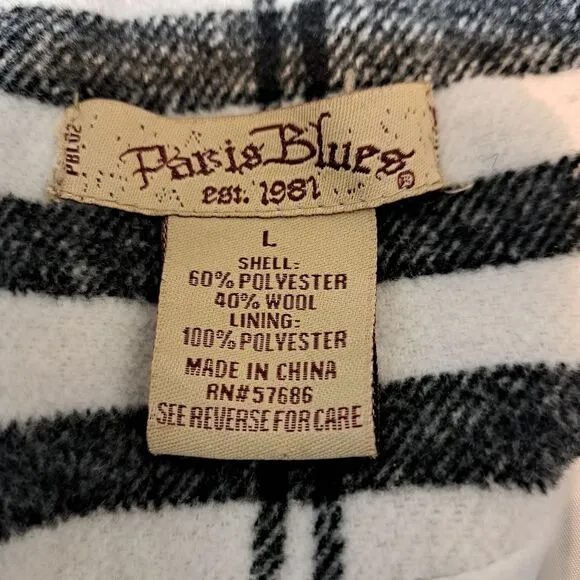 Paris Blues Women's Hooded Pea Coat Size L Black &amp; White Plaid Toggle Closure