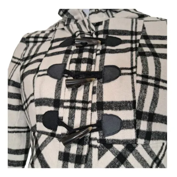 Paris Blues Women's Hooded Pea Coat Size L Black &amp; White Plaid Toggle Closure