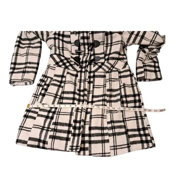 Paris Blues Women's Hooded Pea Coat Size L Black &amp; White Plaid Toggle Closure