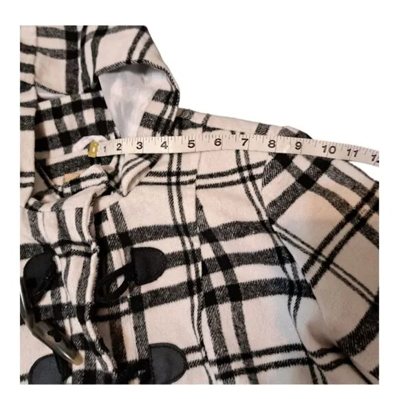 Paris Blues Women's Hooded Pea Coat Size L Black &amp; White Plaid Toggle Closure