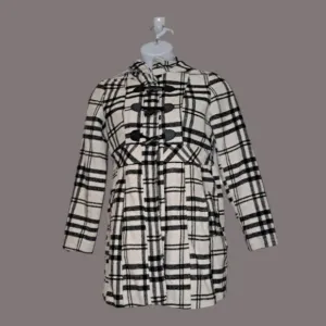 Paris Blues Women's Hooded Pea Coat Size L Black &amp; White Plaid Toggle Closure