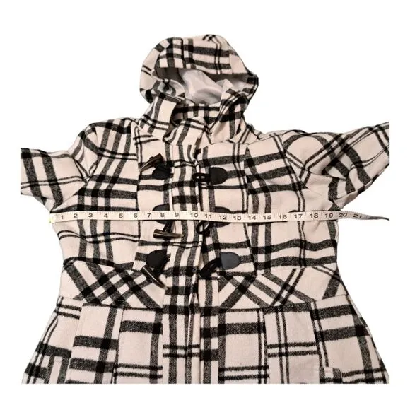 Paris Blues Women's Hooded Pea Coat Size L Black &amp; White Plaid Toggle Closure