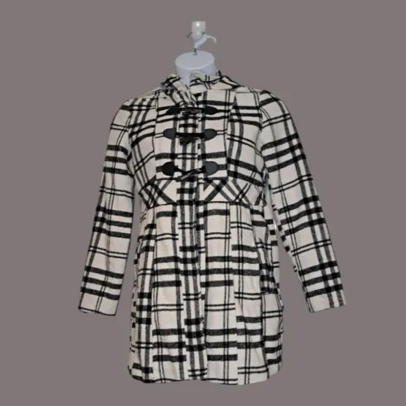 Paris Blues Women's Hooded Pea Coat Size L Black &amp; White Plaid Toggle Closure