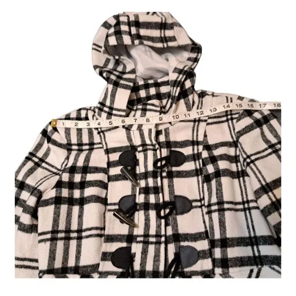 Paris Blues Women's Hooded Pea Coat Size L Black &amp; White Plaid Toggle Closure