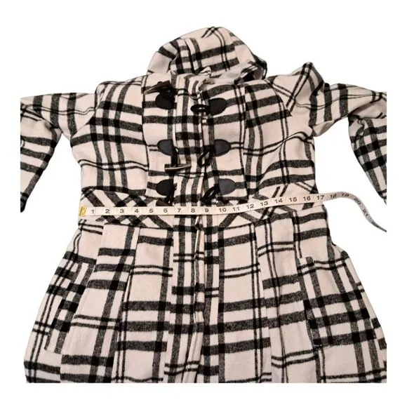 Paris Blues Women's Hooded Pea Coat Size L Black &amp; White Plaid Toggle Closure