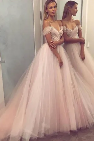 Pink A-Line Off Shoulder Tulle Beaded Princess Sleeveless Long Prom Dress, MP117