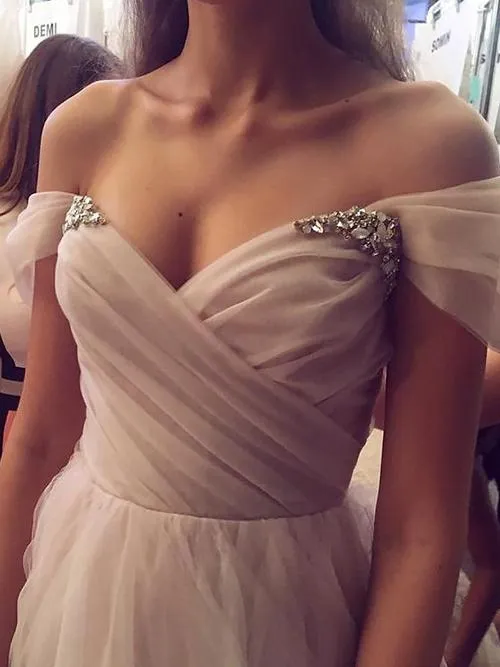 Pink A-Line Off Shoulder Tulle Beaded Princess Sleeveless Long Prom Dress, MP117