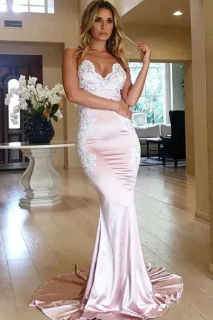 Pink Lace Backless Spaghetti Straps Mermaid Prom Dresses Formal Dresses, MP398