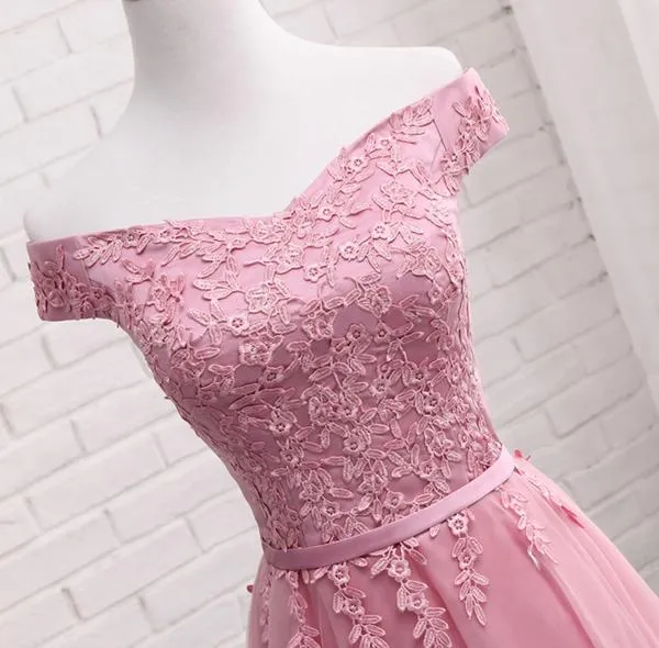Pink Off Shoulder A Line Lace Short Prom Dresses, Cheap Evening Dresses, MH227