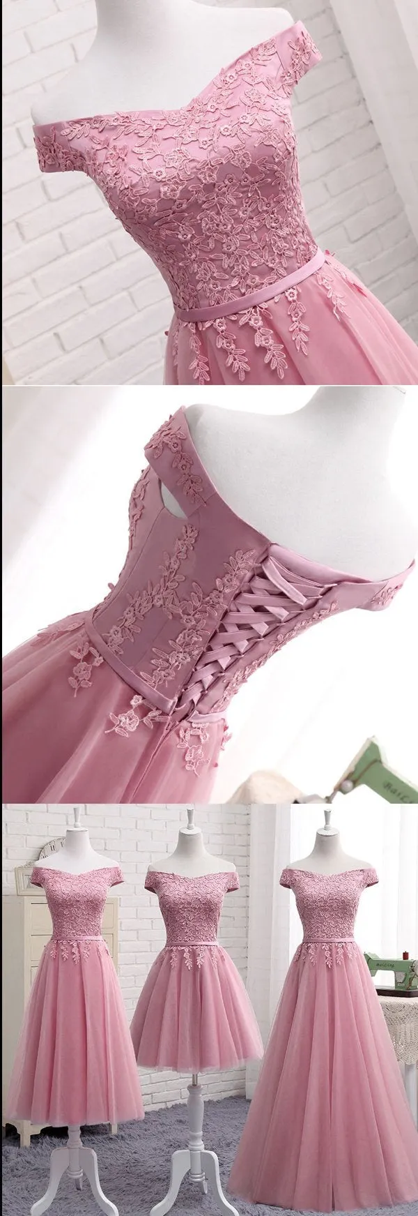 Pink Off Shoulder A Line Lace Short Prom Dresses, Cheap Evening Dresses, MH227