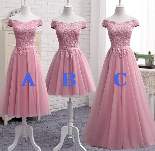 Pink Off Shoulder A Line Lace Short Prom Dresses, Cheap Evening Dresses, MH227