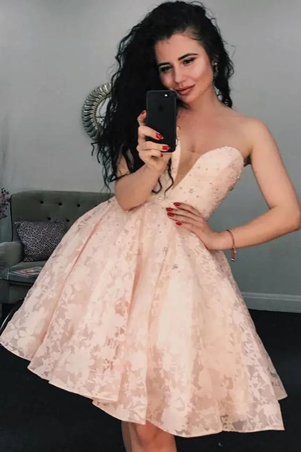 Pink Sequins Beaded Floral Sweetheart Homecoming Dress, Short Prom Dresses, MH274