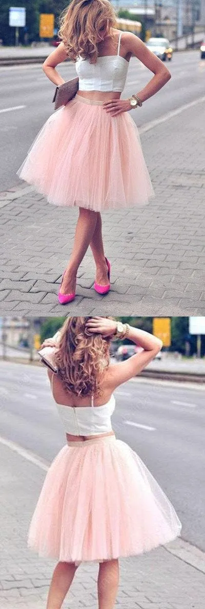 Pink Spaghetti-Strap Two Piece A-line Tulle Short Homecoming Dresses, MH398