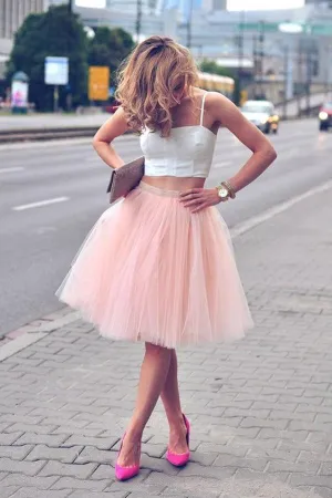 Pink Spaghetti-Strap Two Piece A-line Tulle Short Homecoming Dresses, MH398