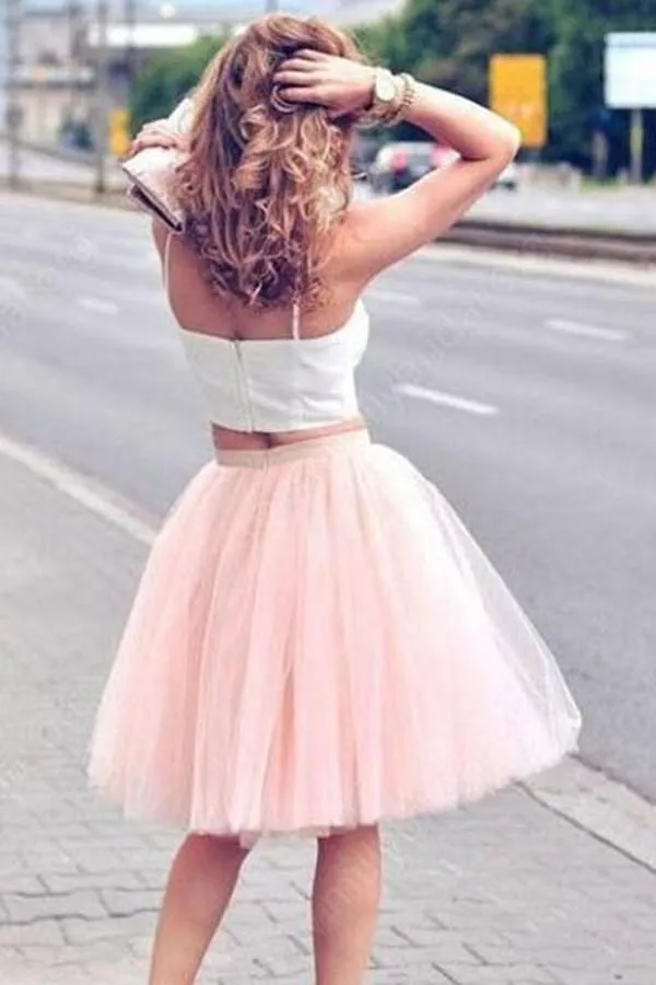 Pink Spaghetti-Strap Two Piece A-line Tulle Short Homecoming Dresses, MH398