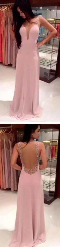 Pink V-Neck Backless Long Prom Dresses, Pretty Evening Dresses, Party Dresses, MP274