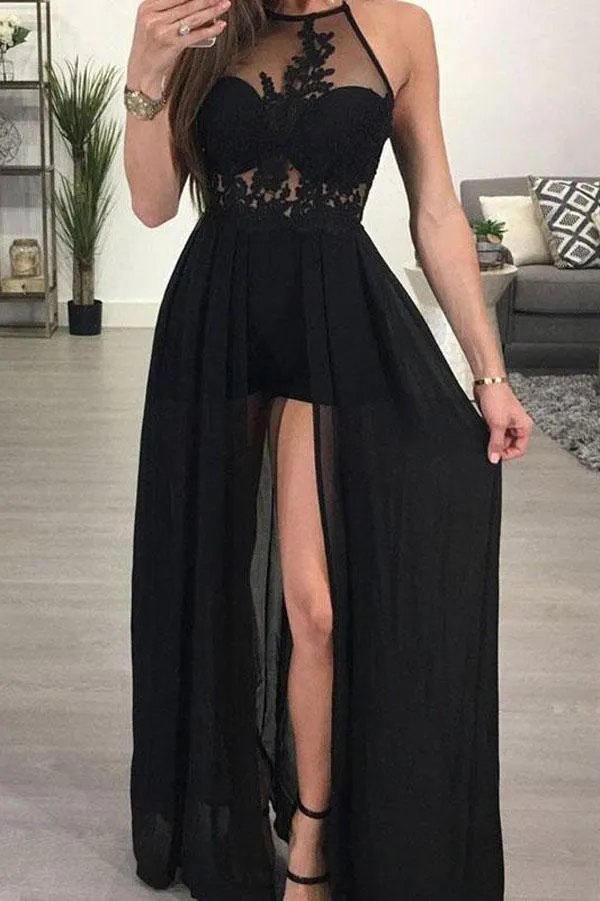 Popular See-through Chiffon A-line Black Halter Long Prom Dresse with Slit, MP162