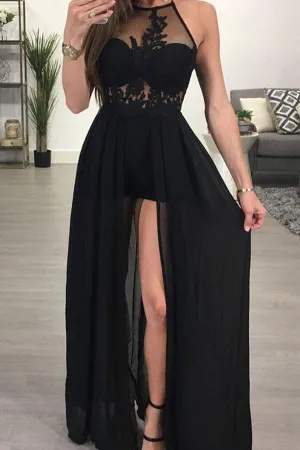 Popular See-through Chiffon A-line Black Halter Long Prom Dresse with Slit, MP162