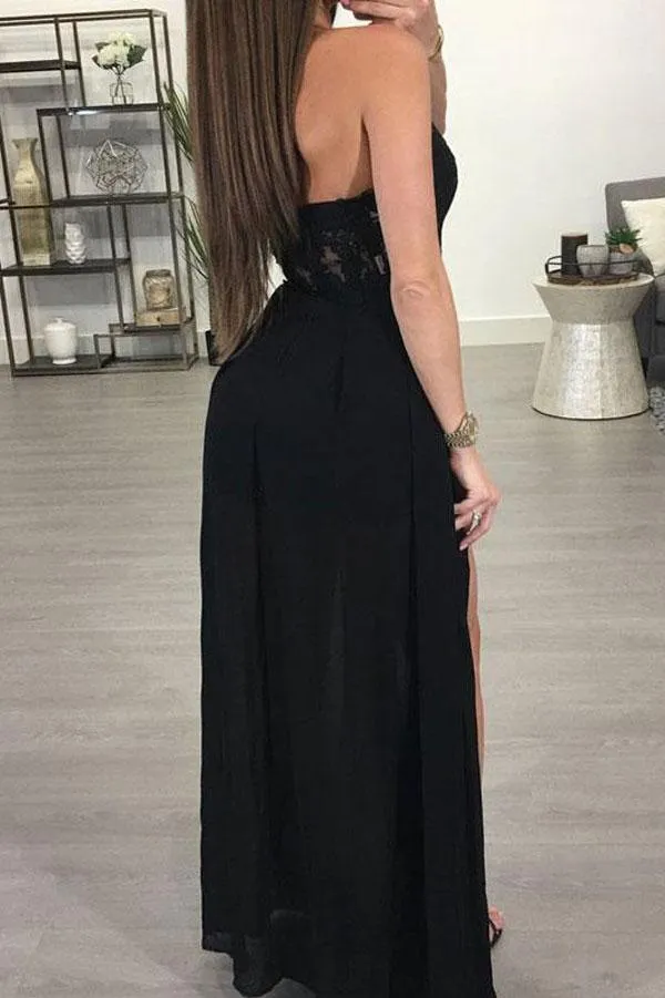 Popular See-through Chiffon A-line Black Halter Long Prom Dresse with Slit, MP162