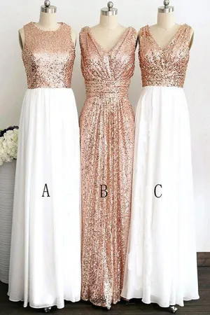 Pretty Rose Gold White Chiffon Floor Length Long Bridesmaid Dresses, MB142
