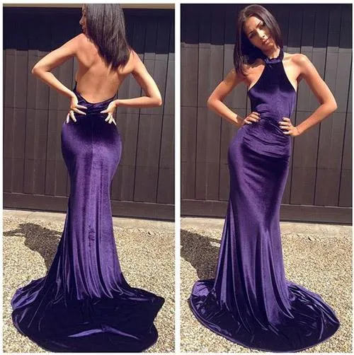 Purple Simple Halter Mermaid Backless Long Prom Dresses with Sweep Train, MP348