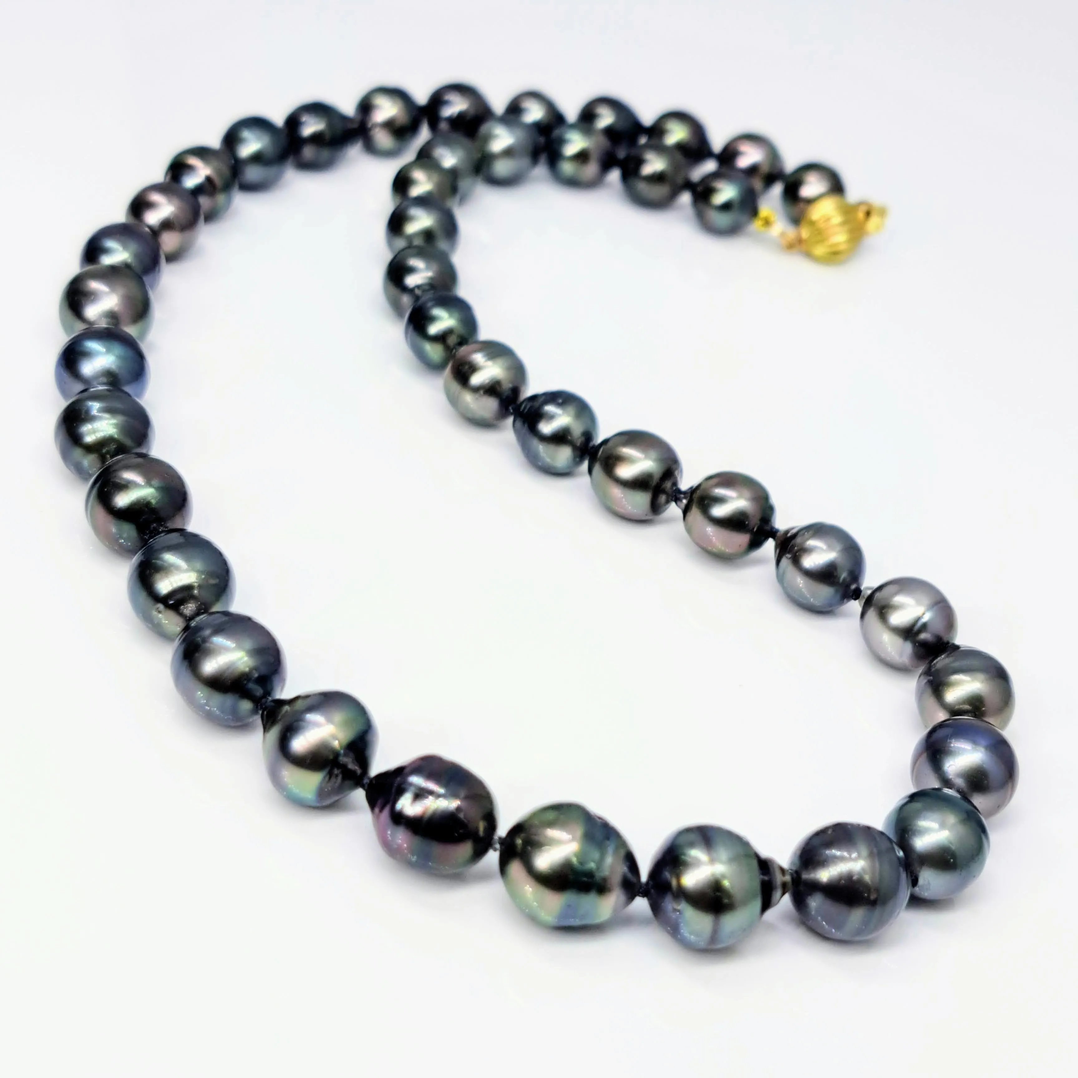 "If It's Not Baroque..." 18" Necklace - Black Tahitian Pearls, Silk, 14K Gold Clasp
