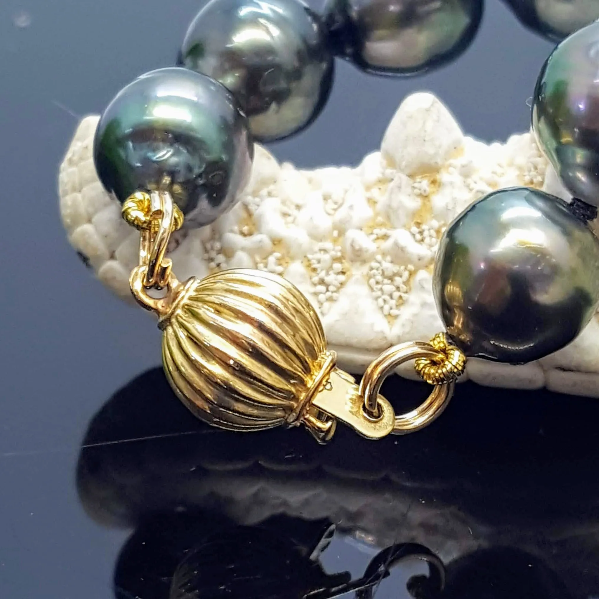 "If It's Not Baroque..." 18" Necklace - Black Tahitian Pearls, Silk, 14K Gold Clasp