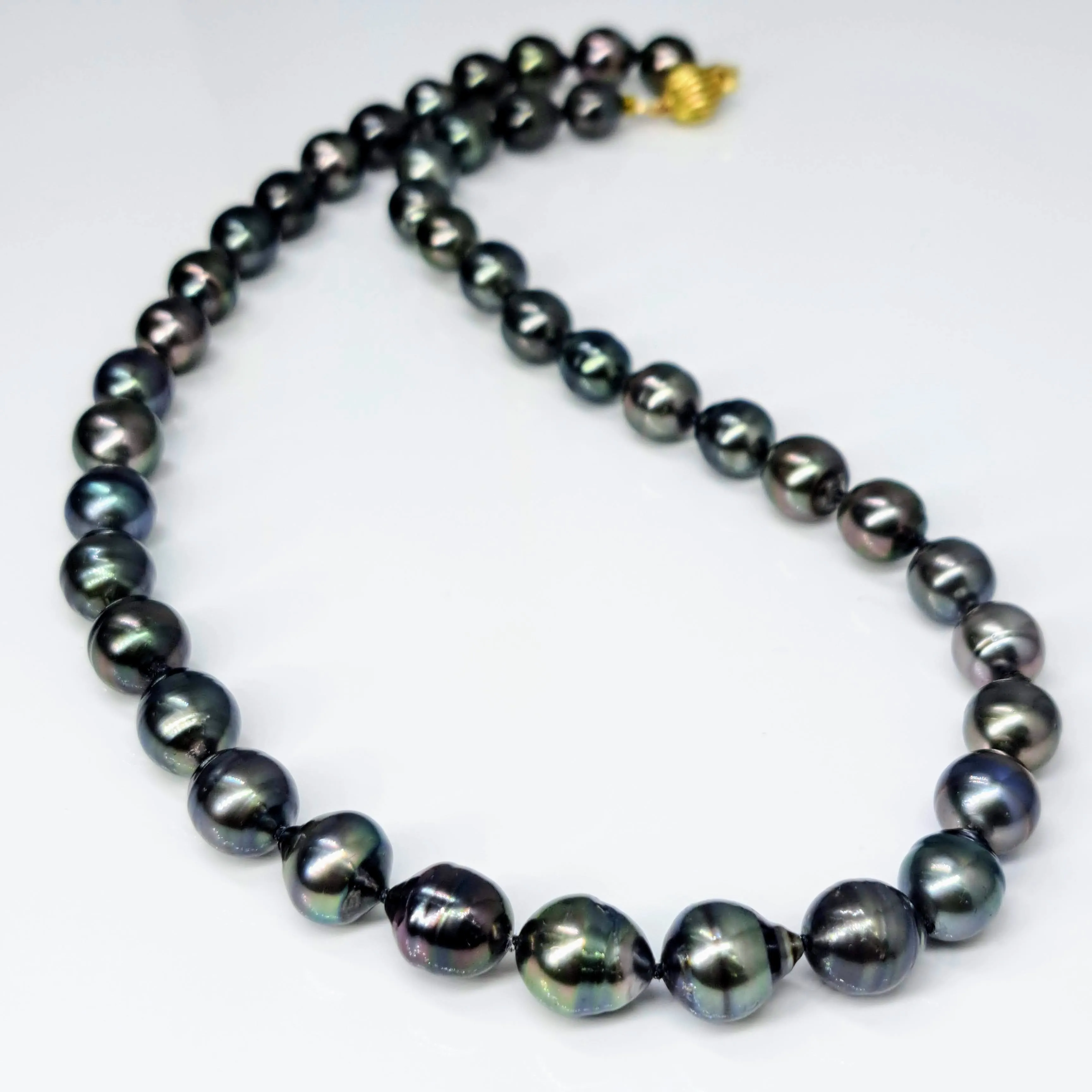 "If It's Not Baroque..." 18" Necklace - Black Tahitian Pearls, Silk, 14K Gold Clasp