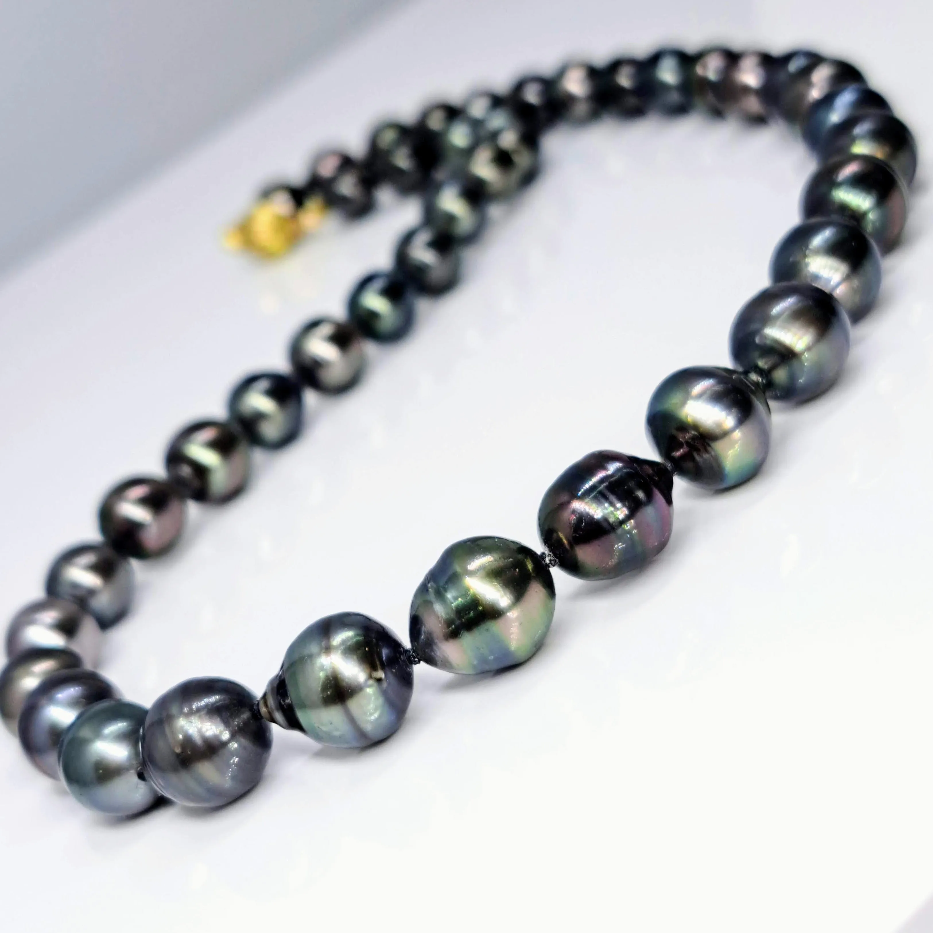 "If It's Not Baroque..." 18" Necklace - Black Tahitian Pearls, Silk, 14K Gold Clasp