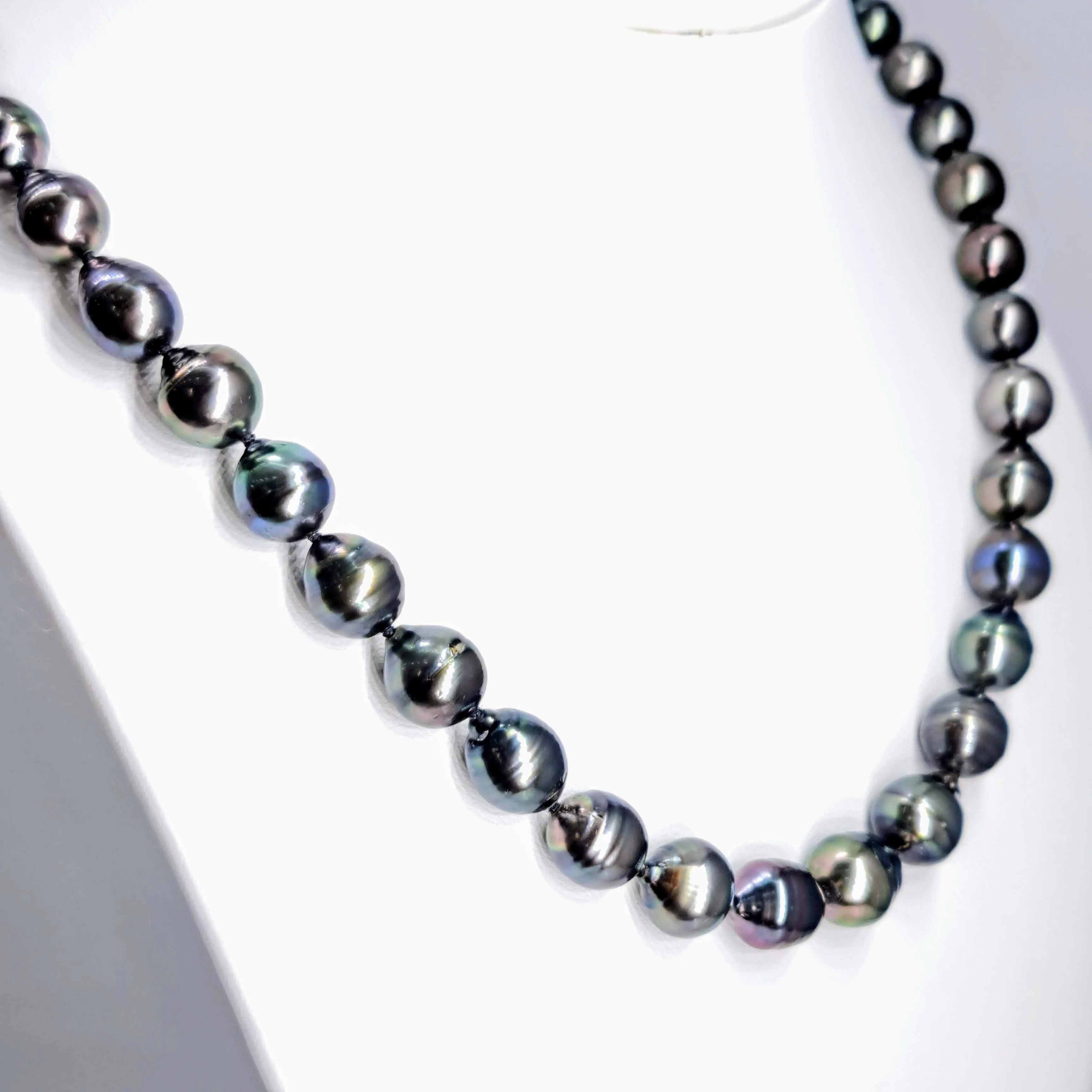 "If It's Not Baroque..." 18" Necklace - Black Tahitian Pearls, Silk, 14K Gold Clasp