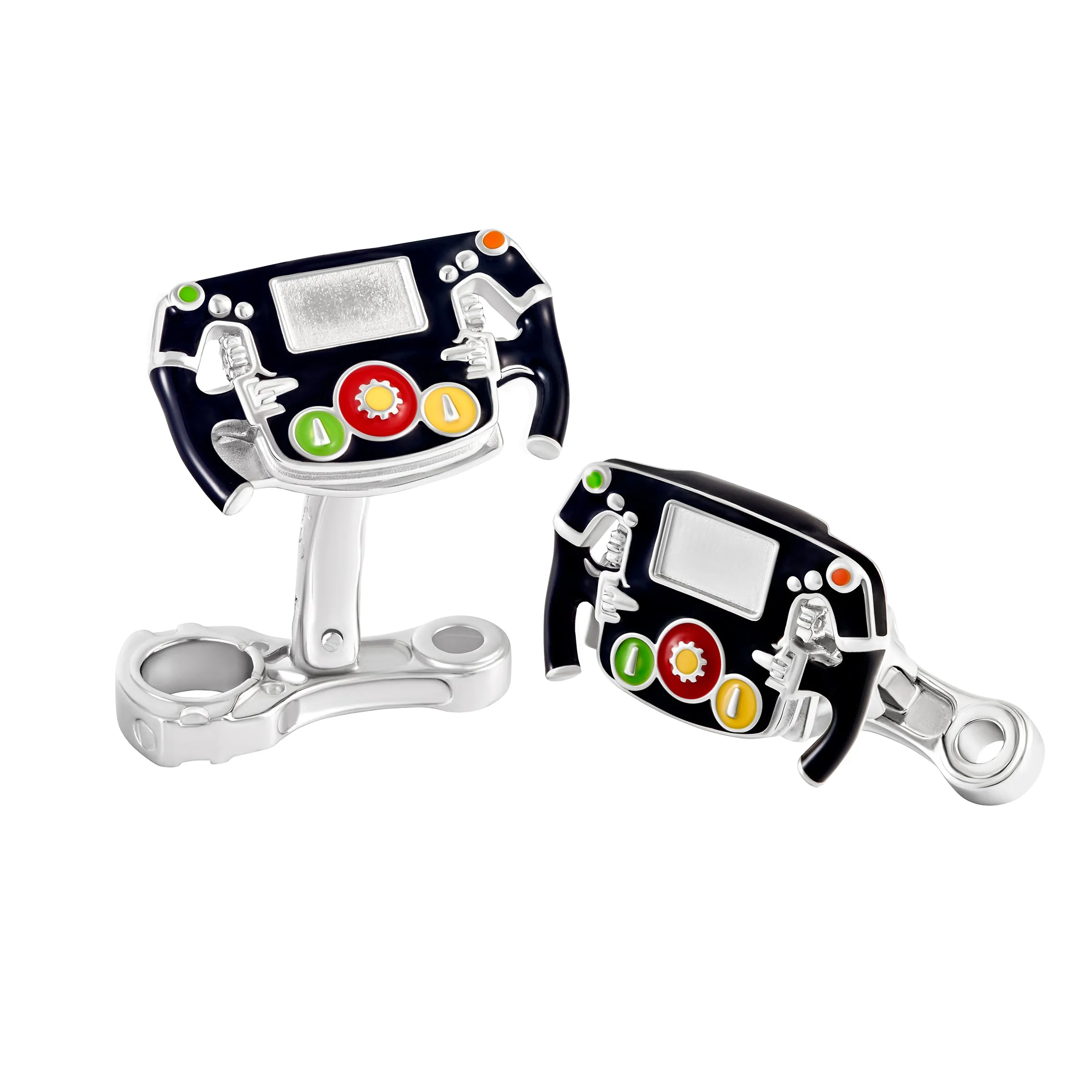 Race Car Steering Wheel Enamel Sterling Cufflinks
