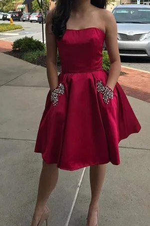 Red Beaded Simple Strapless Homecoming Dresses, Short Prom Dress, MH171