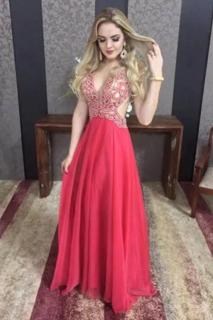 Red Chiffon Open Back A-line V-neck Beaded Floor Length Prom Dresses, MP415