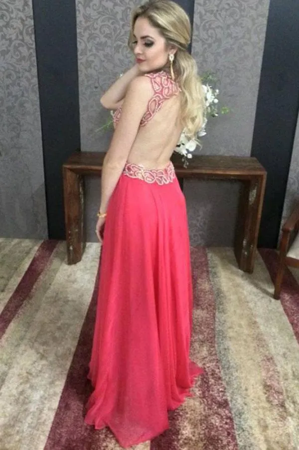 Red Chiffon Open Back A-line V-neck Beaded Floor Length Prom Dresses, MP415