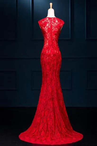 Red Lace See Through Split Mermaid Long Prom Dresses Evening Dresses, MP279