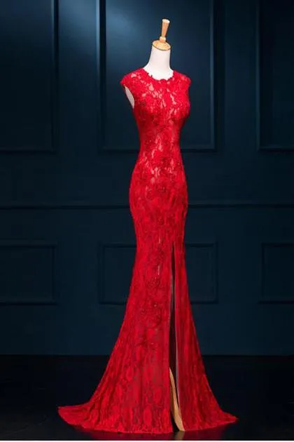 Red Lace See Through Split Mermaid Long Prom Dresses Evening Dresses, MP279