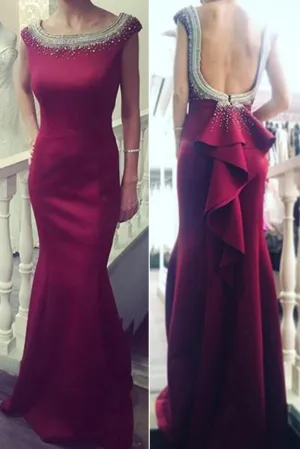 Red Mermaid Round Neckline Evening Dress, Prom Dresses with Beading, MP327