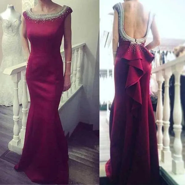 Red Mermaid Round Neckline Evening Dress, Prom Dresses with Beading, MP327