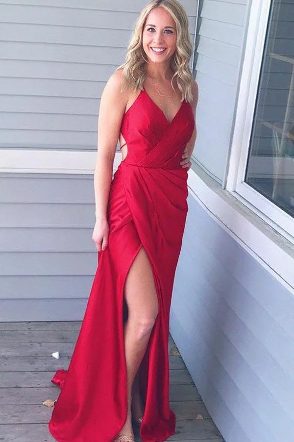 Red Satin Simple Spaghetti Straps Floor Length Prom Dress with Side Split, MP427