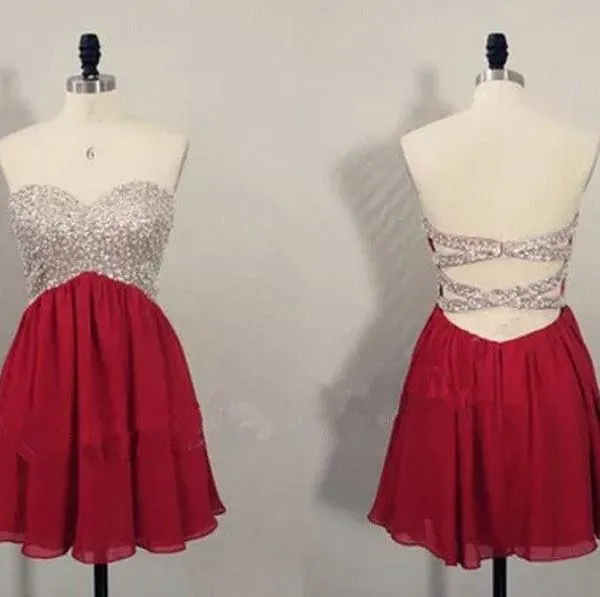 Red Short Open Back Prom Dresses,Beaded Homecoming Dress For Girls, MH303